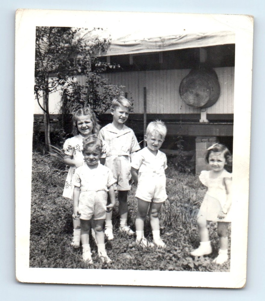 Old Vintage Photo BOYS GIRLS CHILDREN IN YARD BY HOUSE ANTIQUE SNAPSHOT