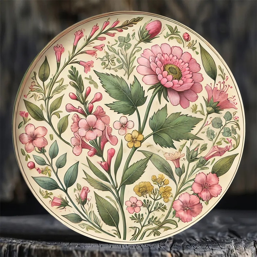 Vintage Floral Metal Wall Decor Pink Green Botanical Sign