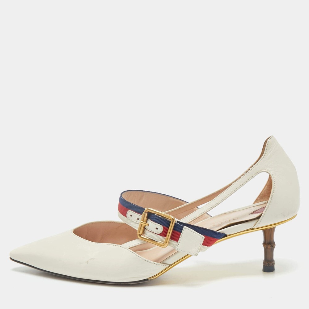 Gucci Cream Leather Sylvie Web Strap Bamboo Heel Unia Pumps Size 37.5
