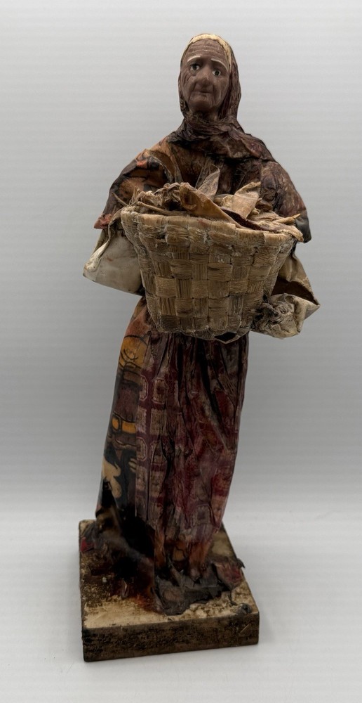 Mexican Folk Art Paper Mache Sculpture Lady Figure Basket Of Fish  Vintage