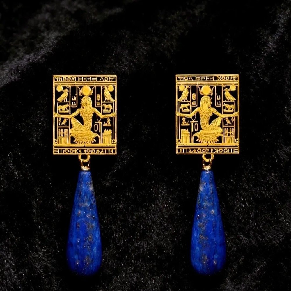 Vintage Egyptian Carved Lapis Lazuli Drop Earrings Luxury Pair