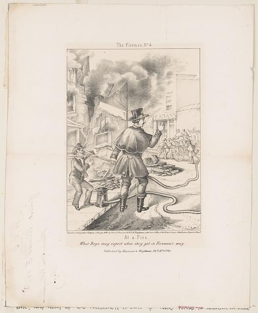 Photo:Philadelphia 1858 Fireman at Fire Hose Spraying Boy Print