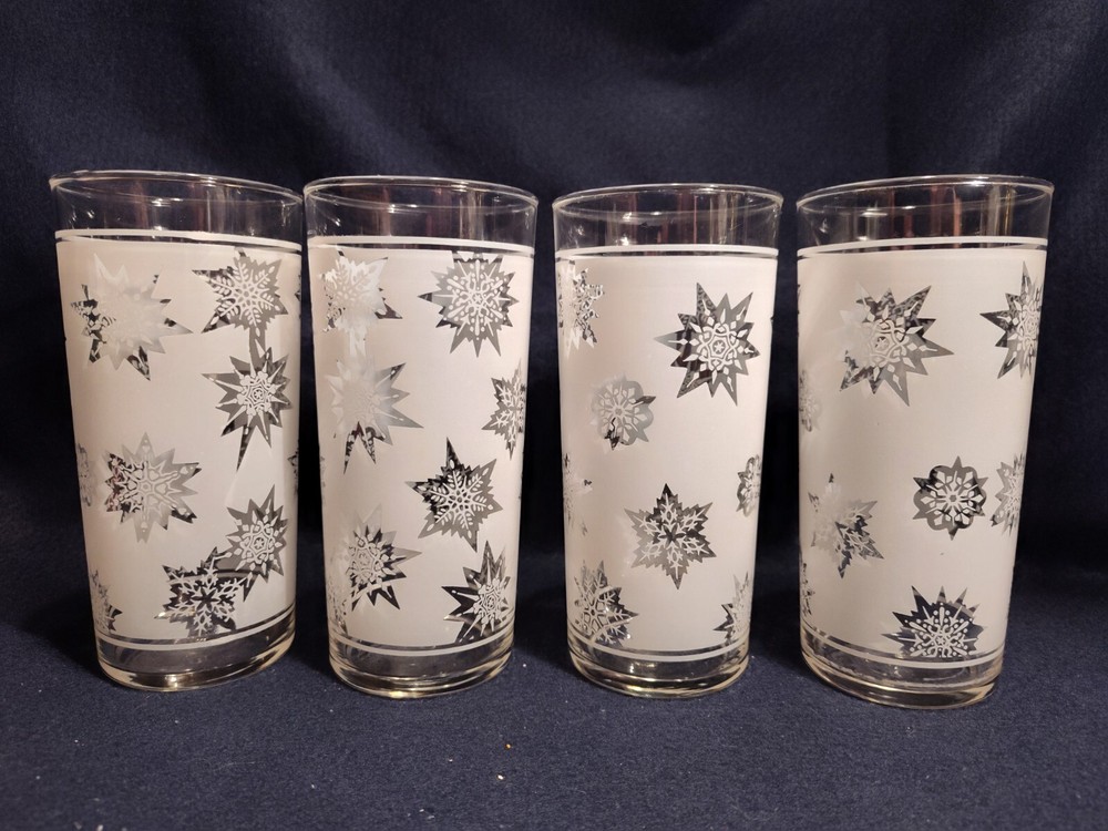 Vintage Federal Glass Snowflake Highball Glasses Set Of 4