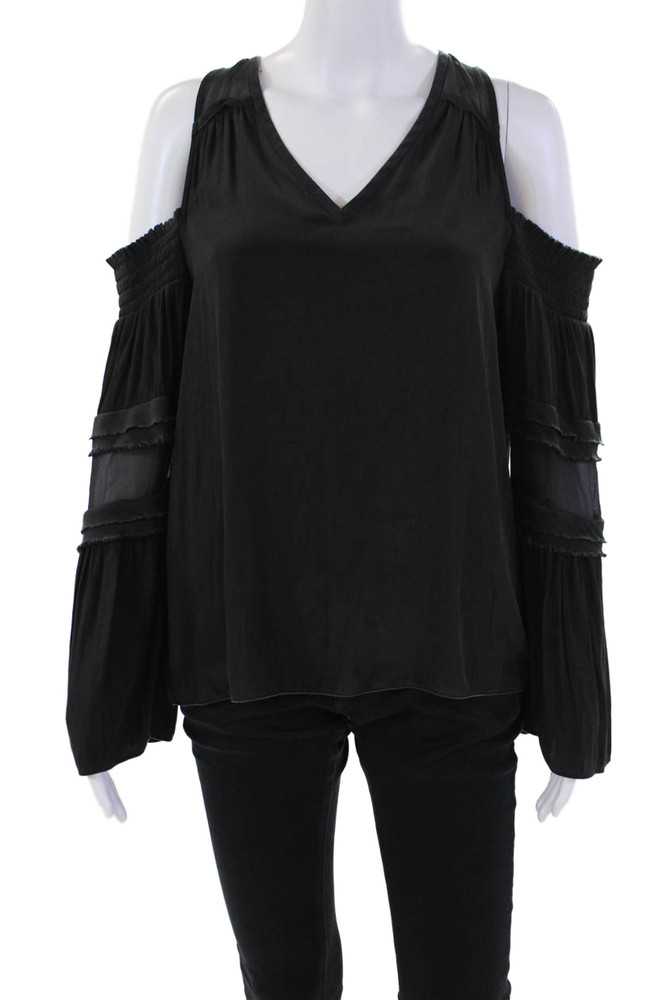 Ramy Brook Womens Silk Smocked Cold Shoulder V-Neck Blouse Black Size SFree Shipping in US $100+ Orders | $6.95 Orders Below
