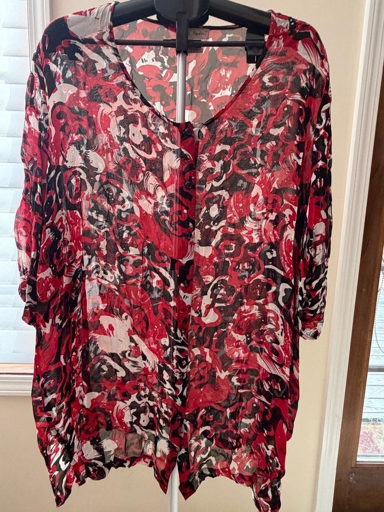Ulla Popken Red Abstract Print Sheer Button-Down Tunic Blouse Size 28/30