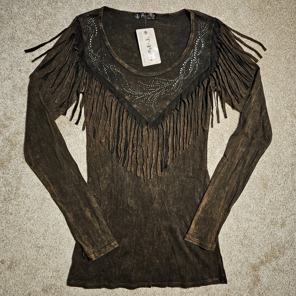 Vtg Y2k Brown Rhinestone Tassle Top NWT Size S Burnout Shirt BoHo Grunge USA Emo