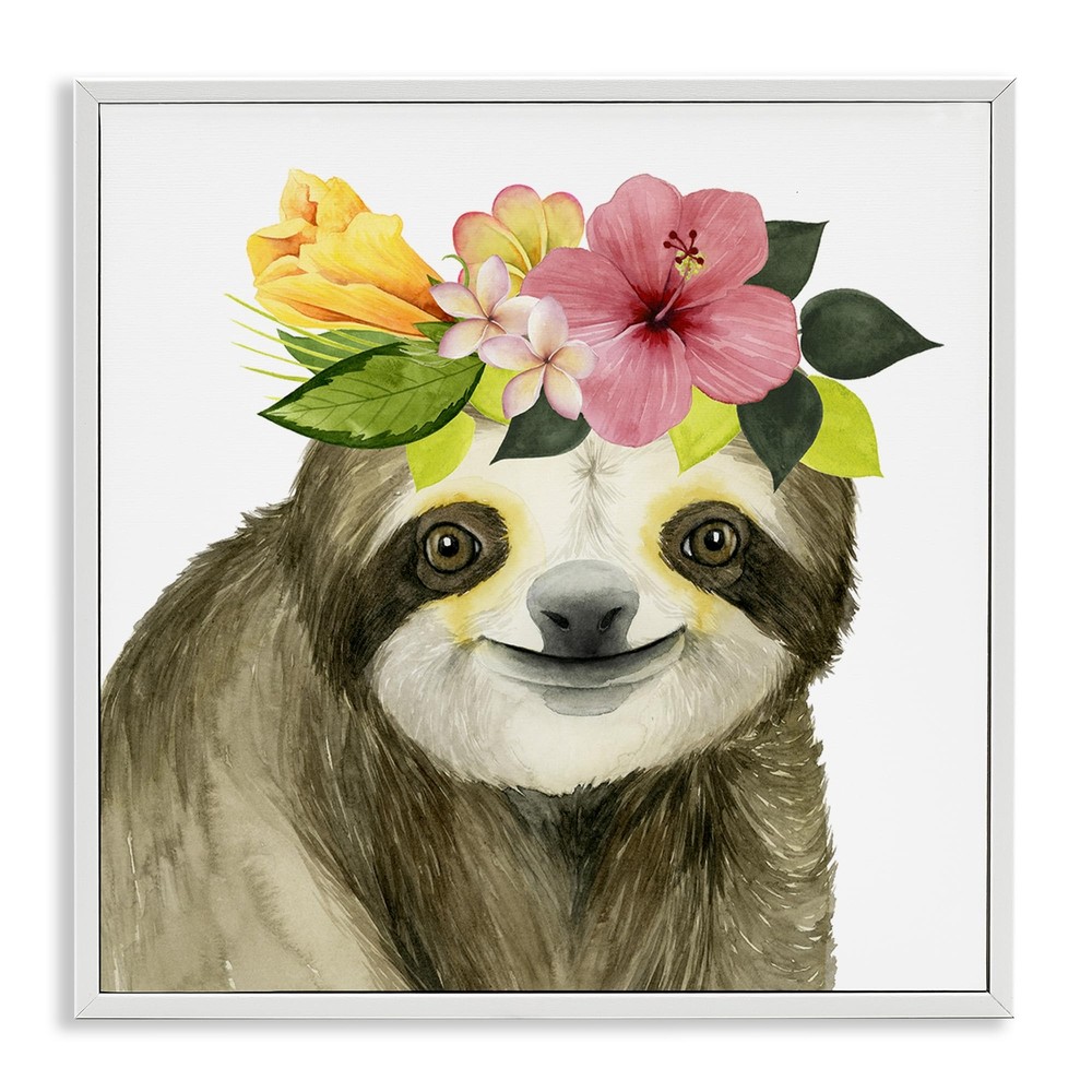 Festival Ready Sloth in Flower Crown, Design by Grace Popp White Framed Wall ...