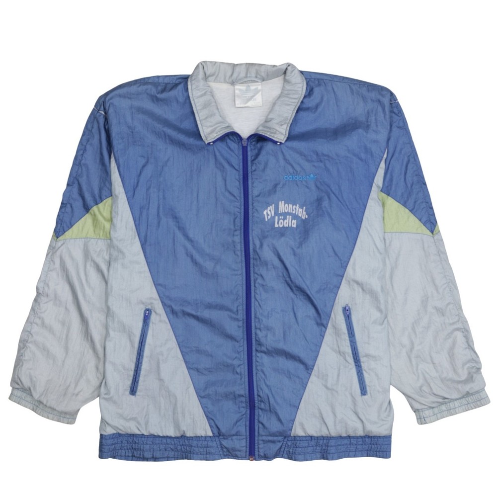 Adidas Mens Windbreaker Jacket Blue Geometric Full Zip Zipped Pockets Vintage M