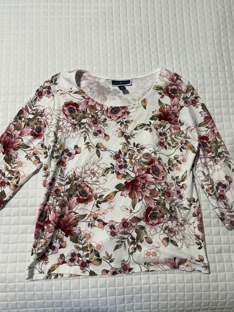 Karen Scott Floral Top Large L 3/4 Sleeve Scoop Neck Pink Burgundy Knit Blouse