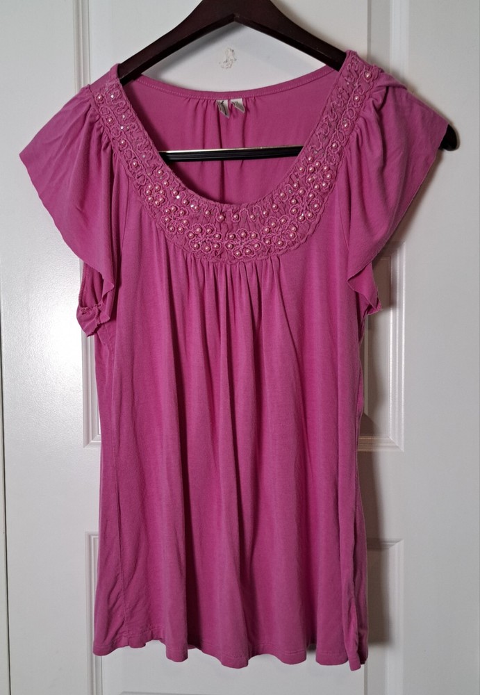 Madison Womens Pink Embroidered Pearl Blouse Flutter Sleeve Size S Career Top