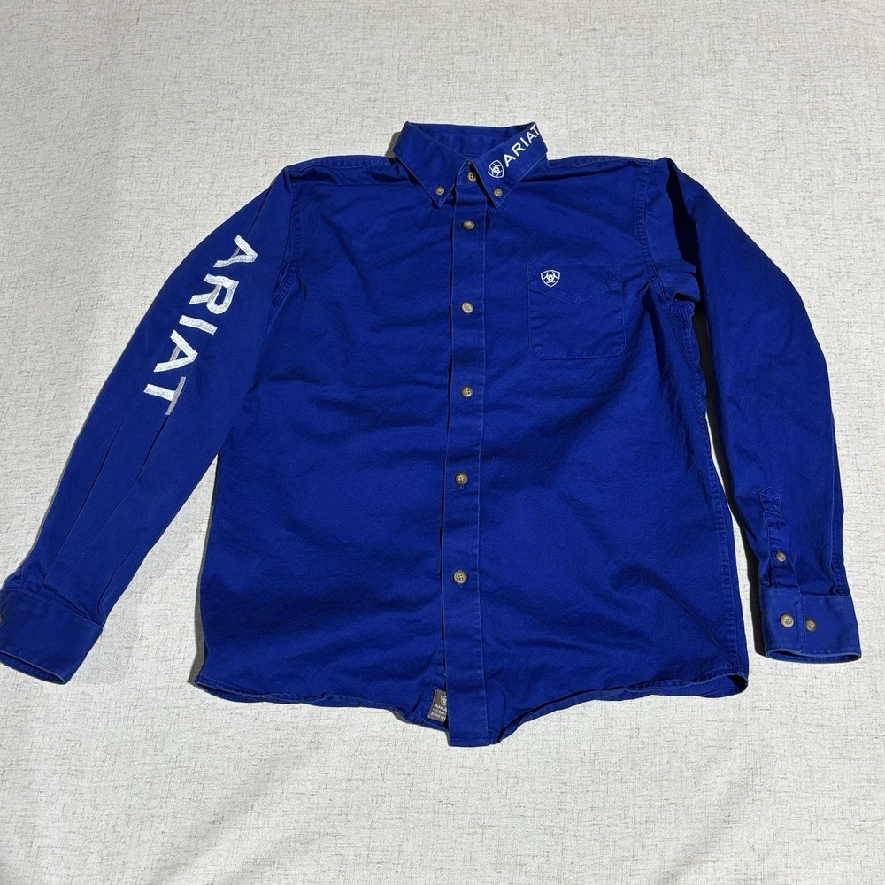Ariat Boys Royal Blue Western Long Sleeve Button Shirt Logo Embroidery L 14-16