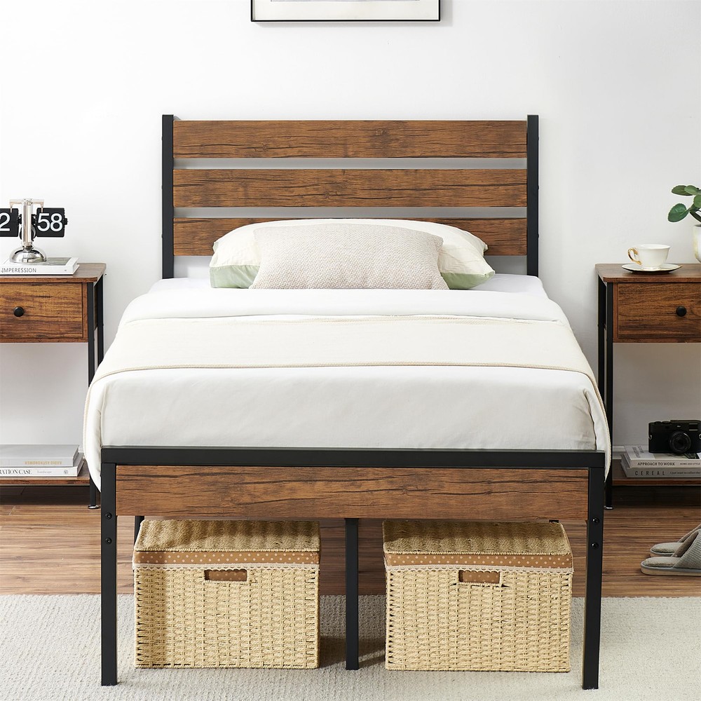 Twin Size Wood and Metal Platform Bed Frame with Rustic Vintage Headboard