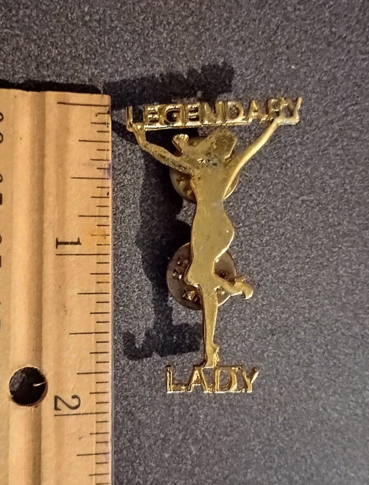 Legendary Lady Holding Up Word Gold Tone Collectible Vintage Lapel Hat Vest Pin