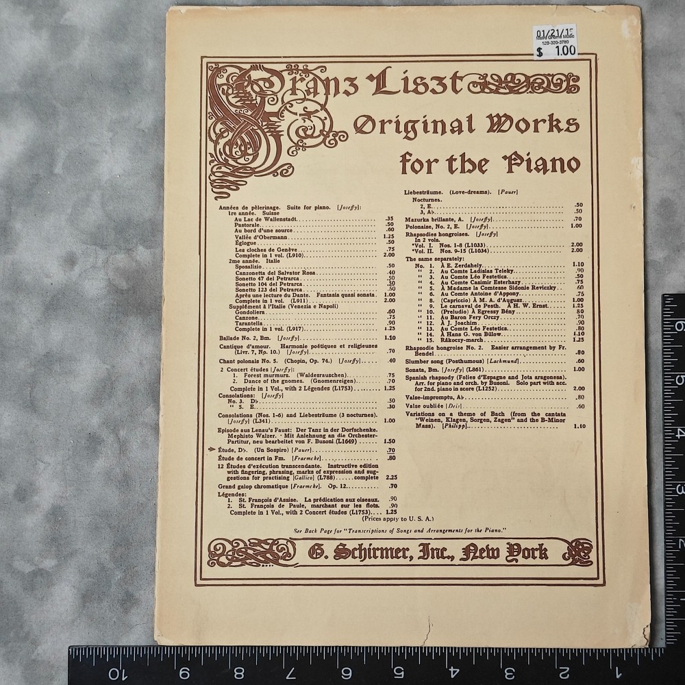 c1890s Liszt Etude Un Sospiro Db Piano Solo Sheet Music G Schirmer Orig NY 12408