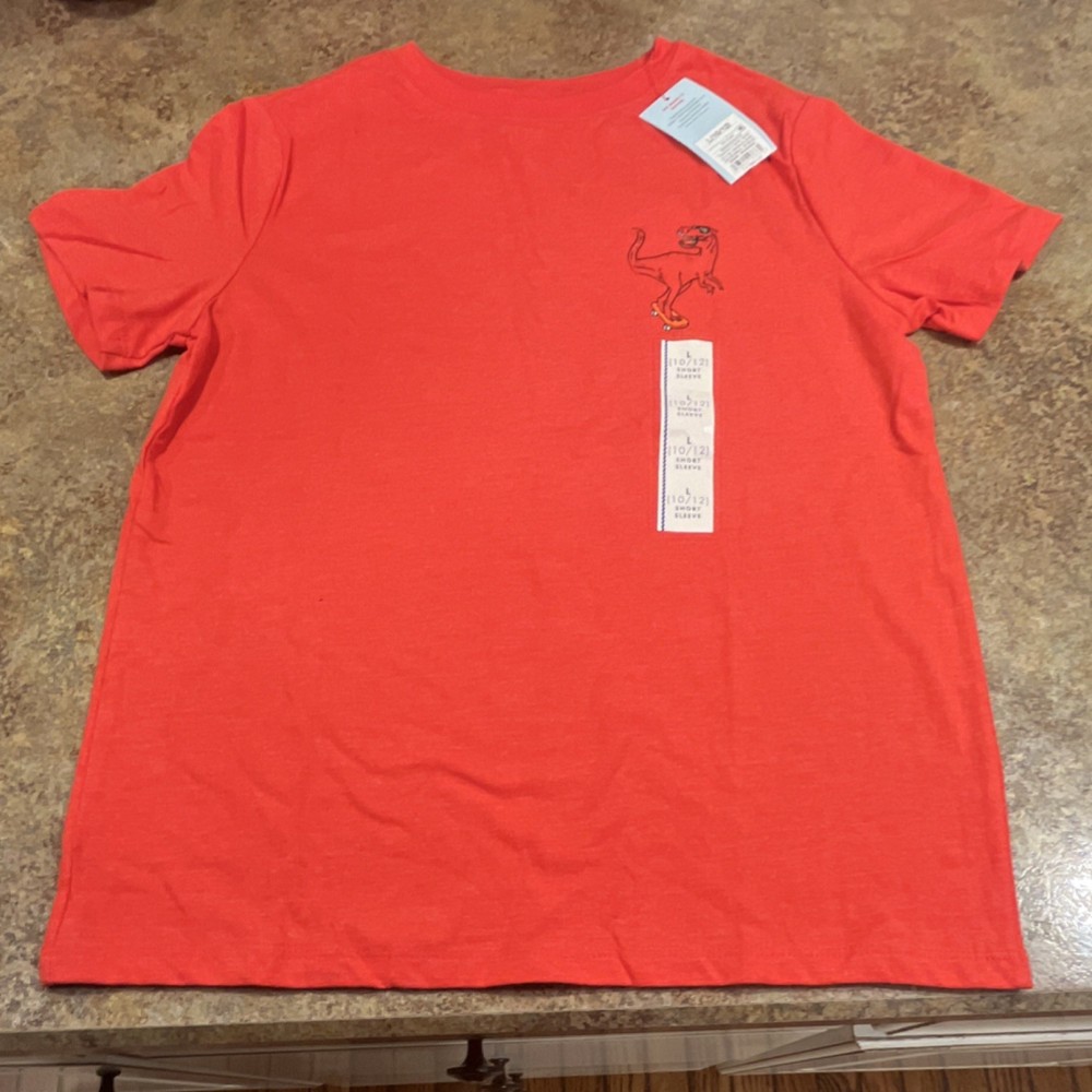 Cat & Jack Boys Red Dinosaur Graphic Short Sleeve T-Shirt Crew Neck L (10/12)