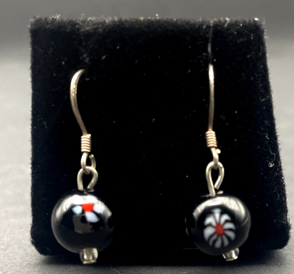 925 Sterling Silver Millefiori Murano Glass Floral  Earrings Vintage French Wire