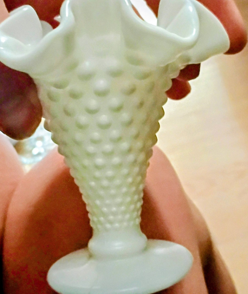 White Hobnail Pattern Milk Glass Vase with Ruffled Rim, Opaque