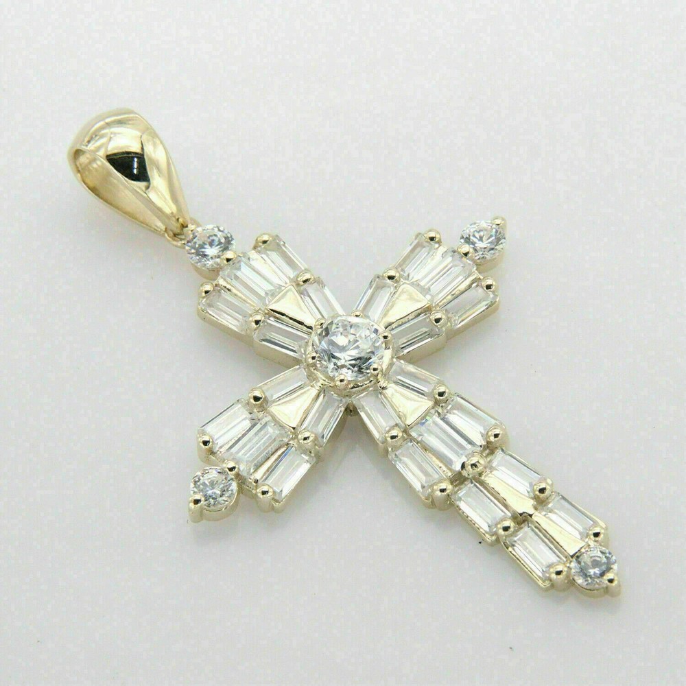 14K Yellow Gold 2.5 Ct Round Baguette VVS1 Diamond Cross Pendant