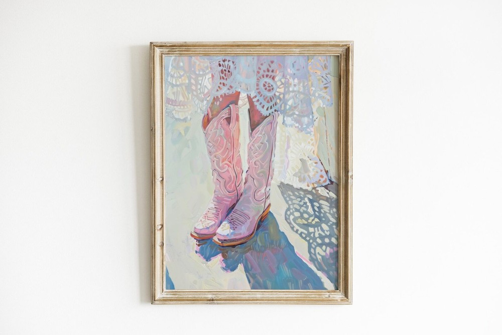 Preppy Pastel Pink Wall Art Cowboy Boot Painting Vertical Print Girly Room