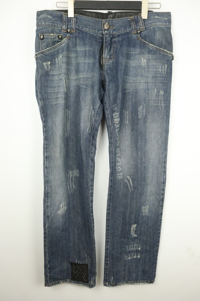 PHILIPP PLEIN 1978 Wash Denim Handmade Skeleton Skull Distressed Jeans XL W36