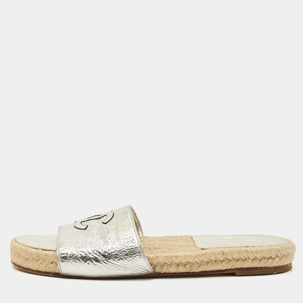 Chanel Silver Leather CC Espadrille Slides Sandals Size 39