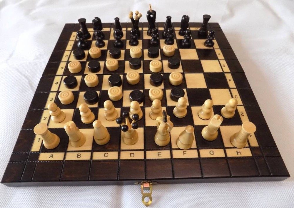 Chess checkers wooden game board set with chips figurines handmade 2 in 1
