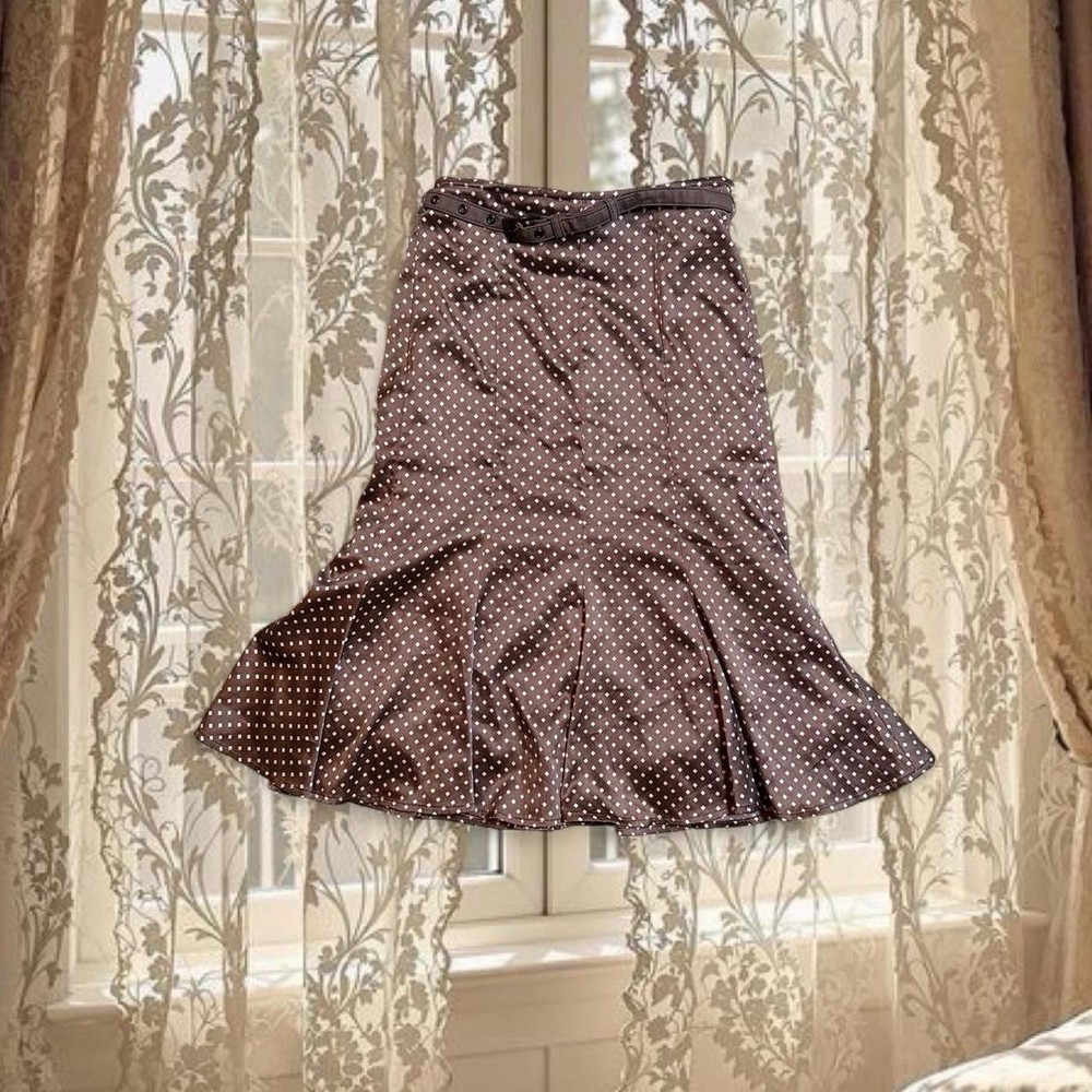 Vintage Y2K Brown Midi Polka Dot Flare Skirt with Belt