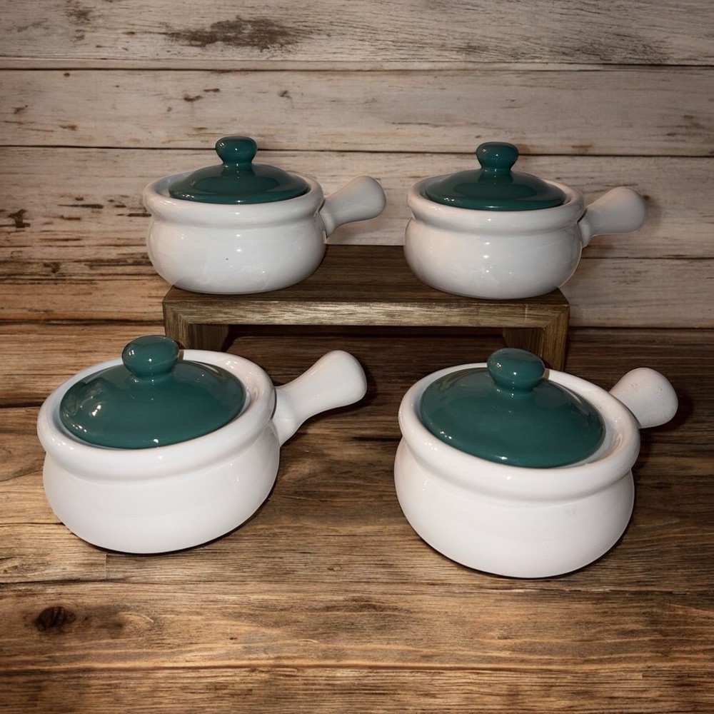 Vintage Set of 4 Stoneware Handle French Onion Soup Bowls With Lids, White, Teal