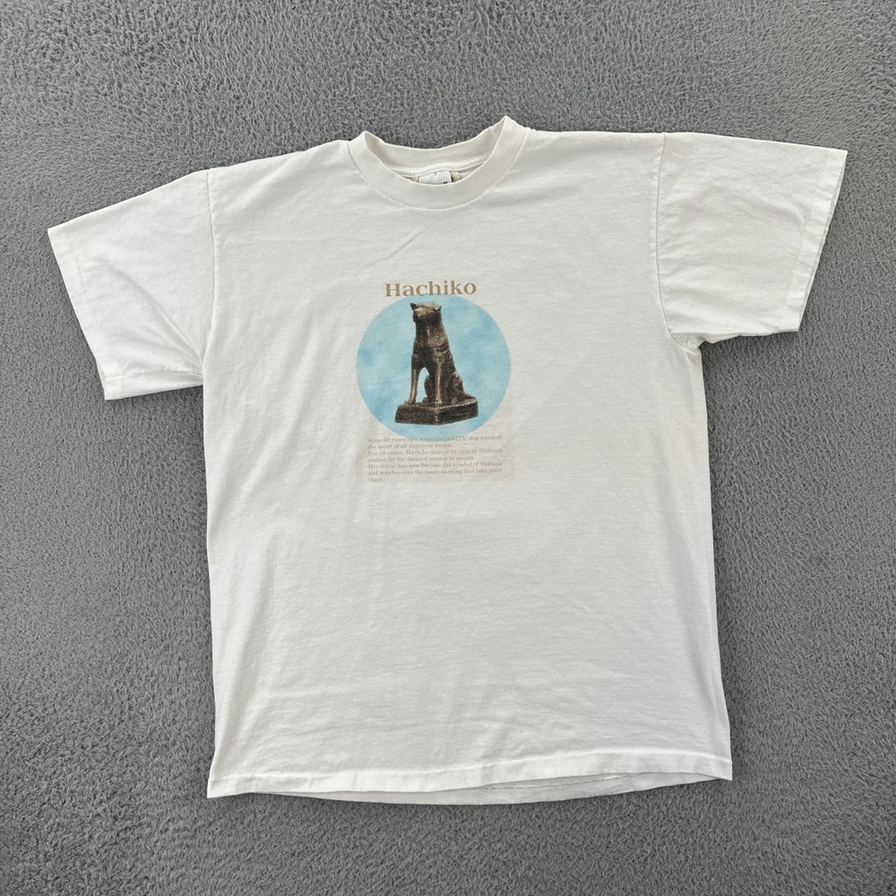 Vintage Anvil Mens Medium White T Shirt Hachiko Akita Dog Japanese Sculpture