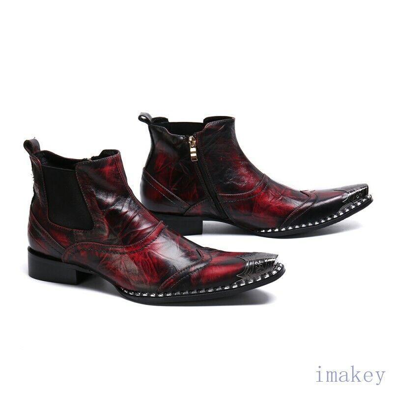 Men's Metal Square Toe Chelsea Boots Dress Formal Casual Leather Ankle Shoes