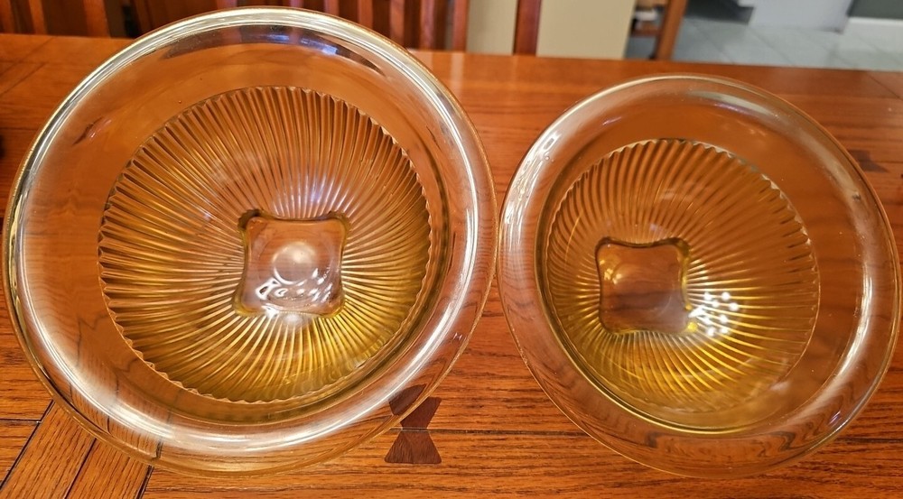 Vintage Federal MCM Ribbed Mixing Bowls Yellow Amber Depression Glass Set 9-3/4 and 8-1/2 Inch