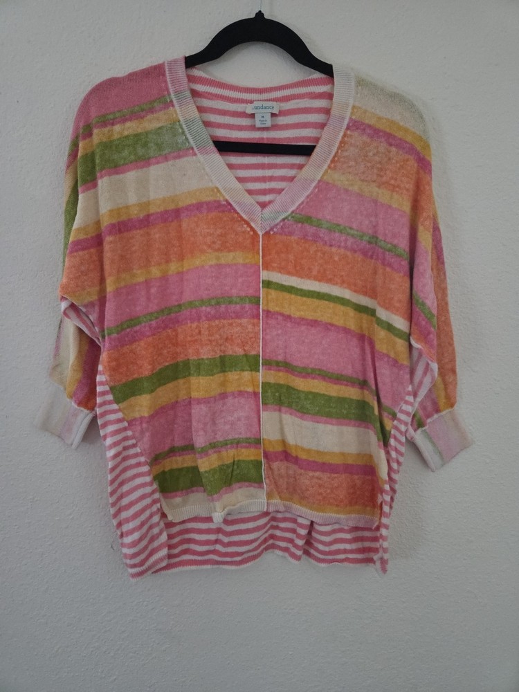 Womens Sundance Multicolor Striped Knit V Neck Long Sleeve Top Sz M
