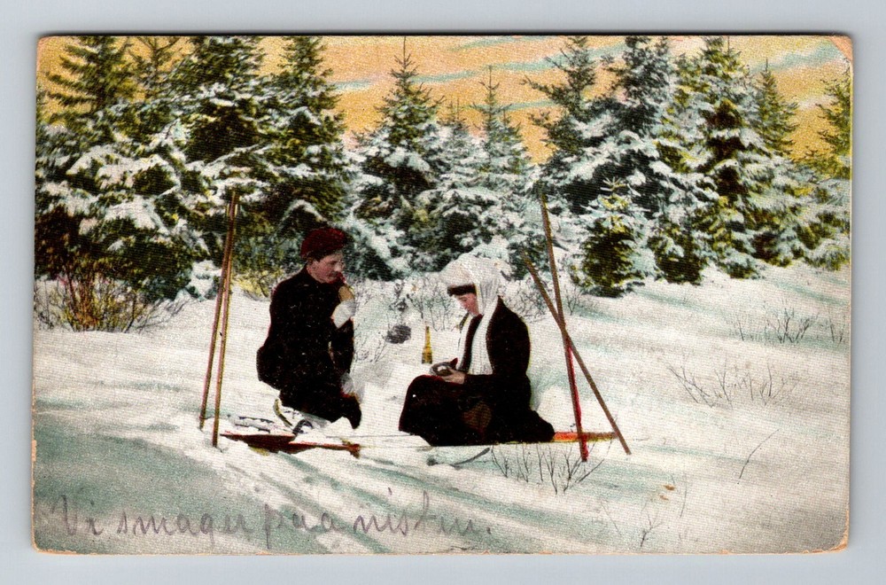 Norway- Winter Scene Sweethearts Stop for A Meal Old PC Vintage c1909 Postcard