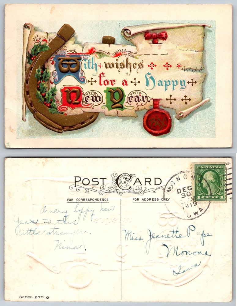 1919 Embossed New Year Postcard - Horseshoe, Holly, Monona Iowa Postmark