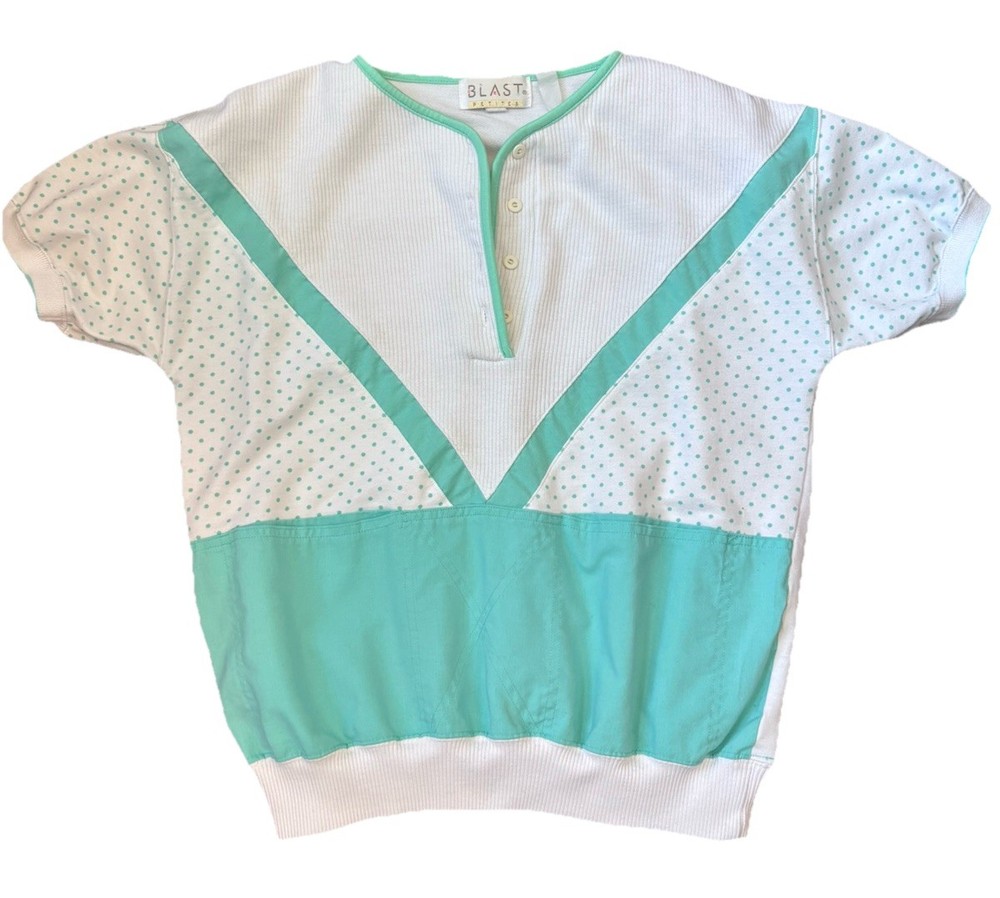 VINTAGE 80s Blast Petites White Aqua Polka Dot Colorblock Button Henley Knit Top