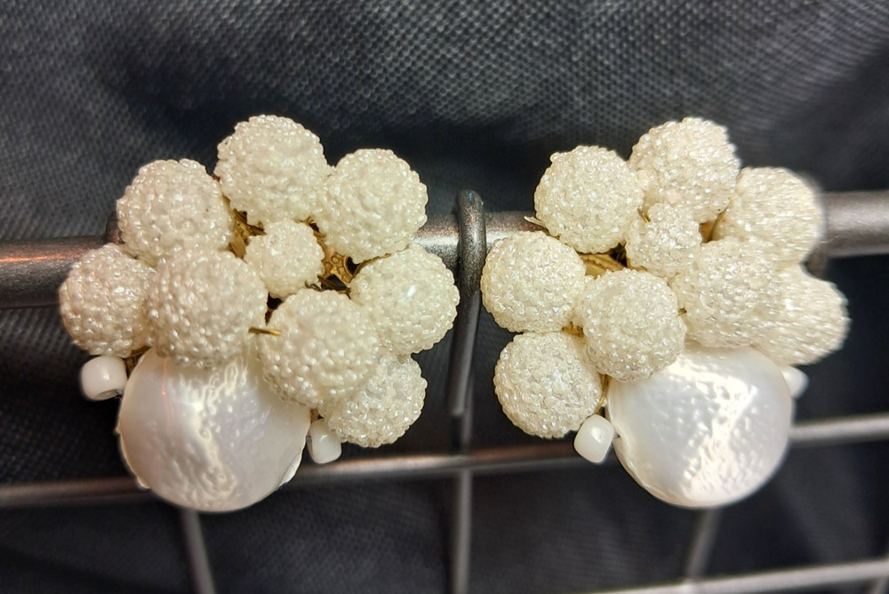 Vintage Japan MCM Faux Pearl Bead Cluster Clip On Earrings Signed Japan