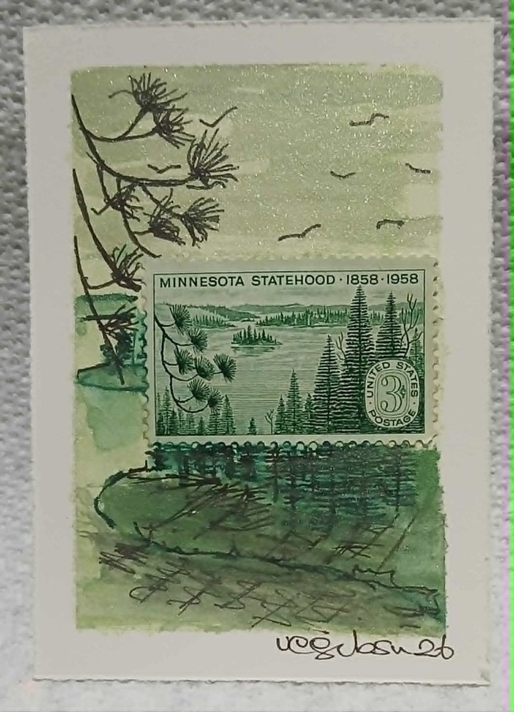 Postal Whimsy OOAK ACEO Minnesota Statehood 3¢ Stamp  Watercolor & Ink Forest