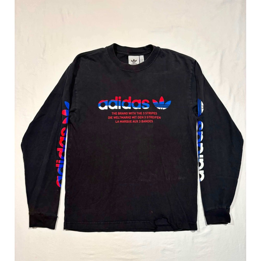 Adidas Originals Mens Small Black Long Sleeve Tricolor Trefoil Logo T-Shirt