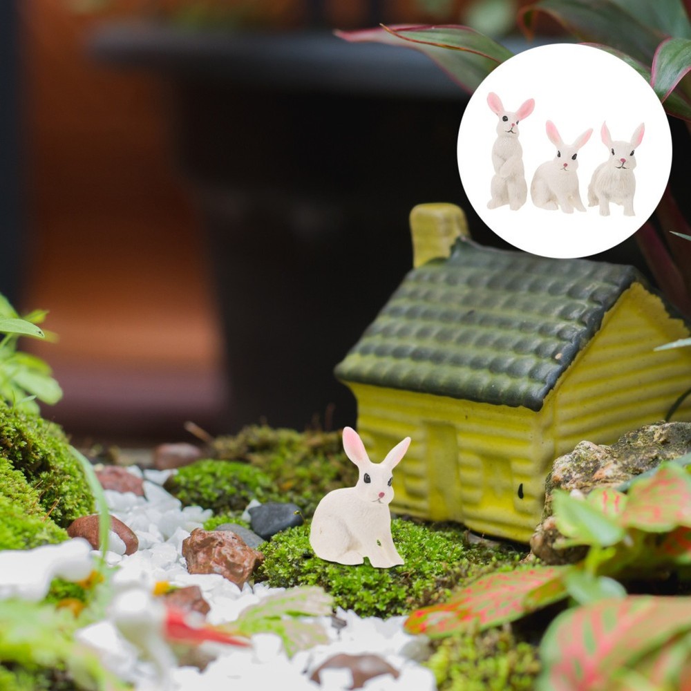 3 Pcs Simulated White Statue Easter Bunny Resin Figurine Mini Animals