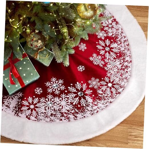 Christmas Tree Skirt 48 Inches Red Velvet with 48 inch Velvet with Faux Fur