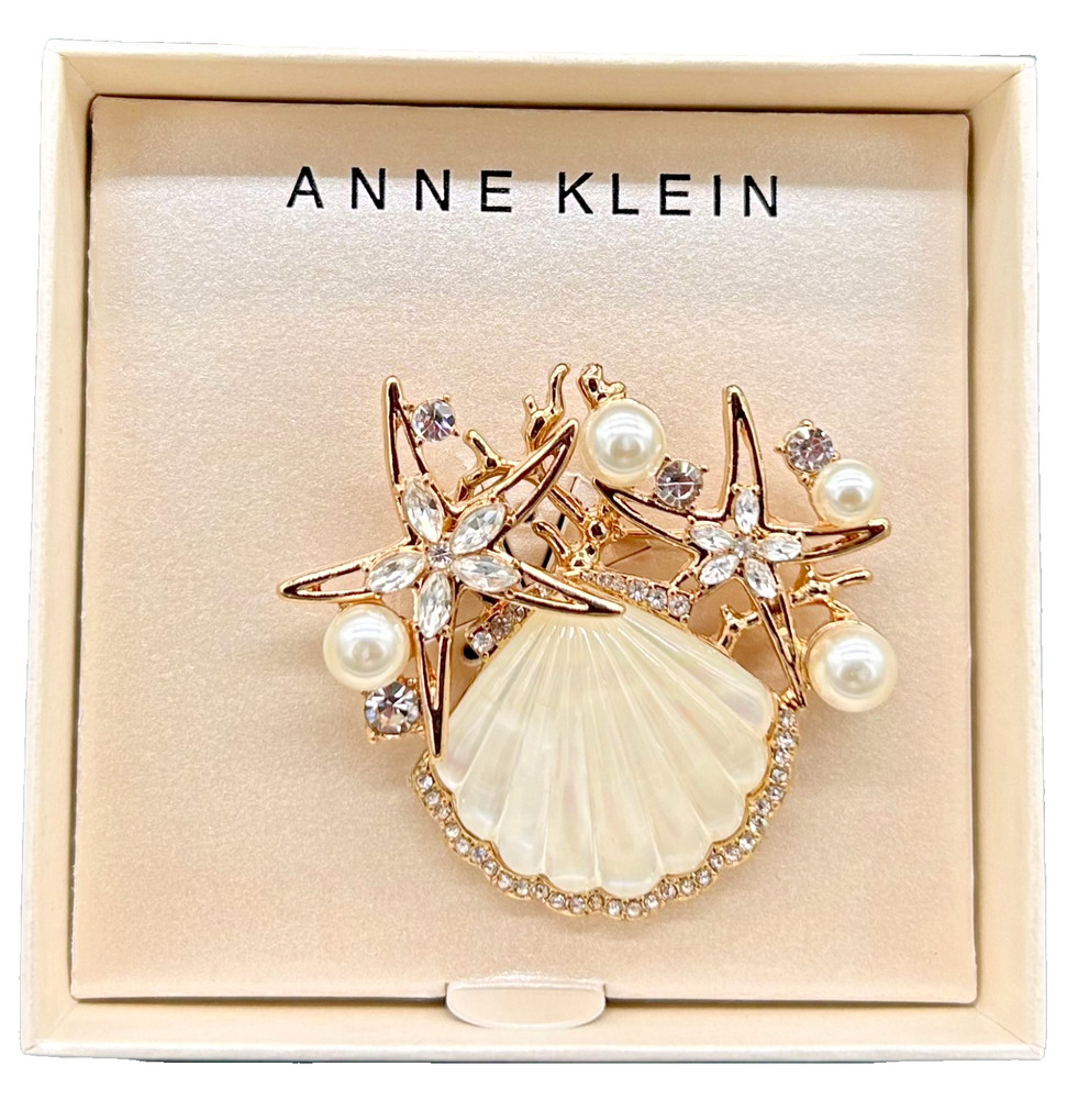 Anne Klein Shell Brooch Gold Tone Faux Pearl Rhinestone Coastal Beach Starfish
