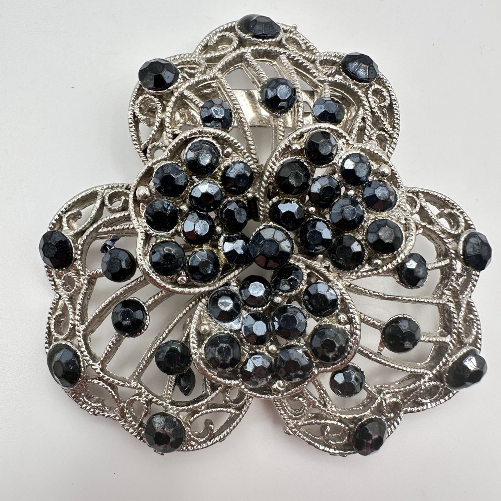 Vintage 90s Silver Tone Filigree Flower Black Rhinestone Brooch Pin Boho Jewelry