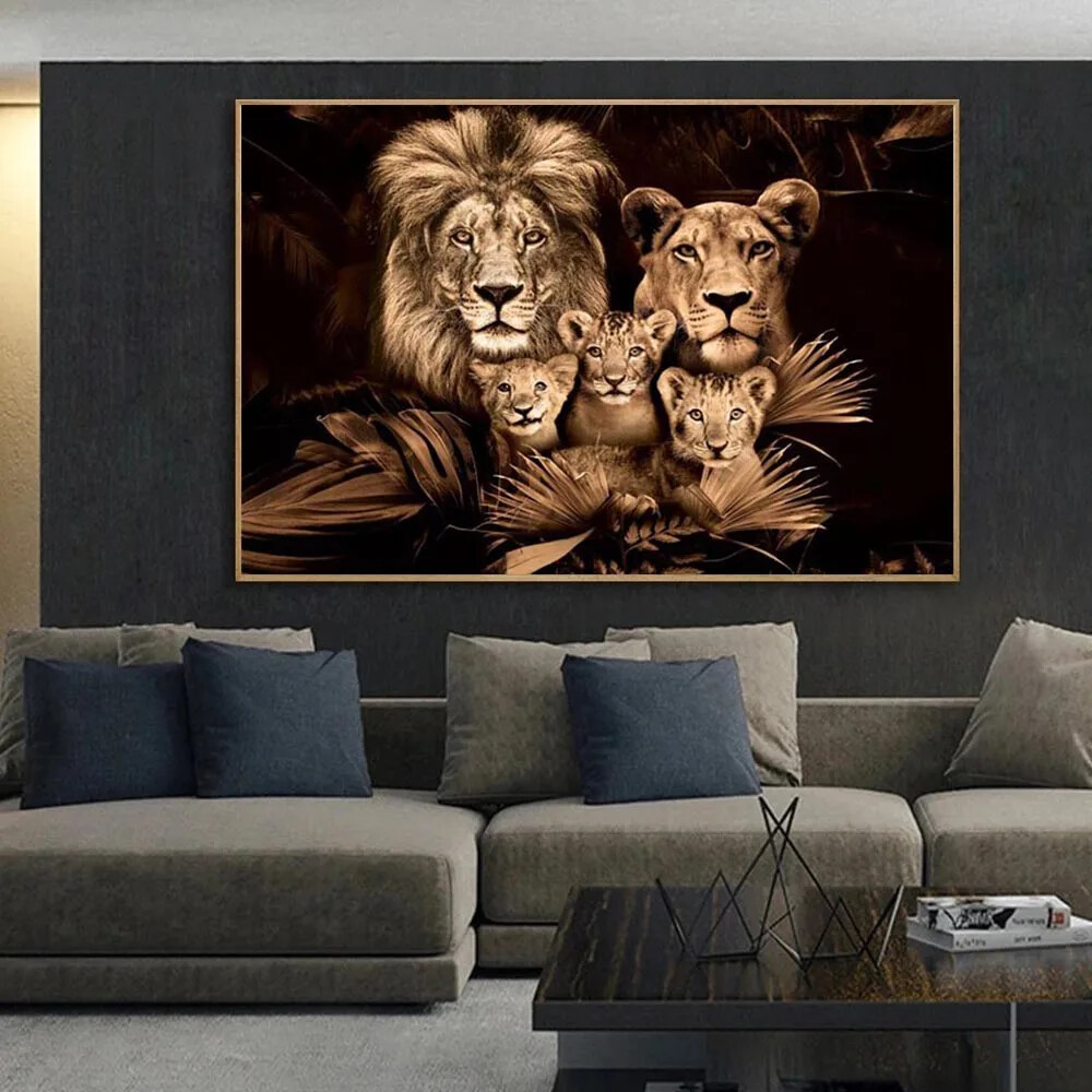 Animals Baby Lion Family Canvas Painting Canvas Mural Poster Prints Home Decor