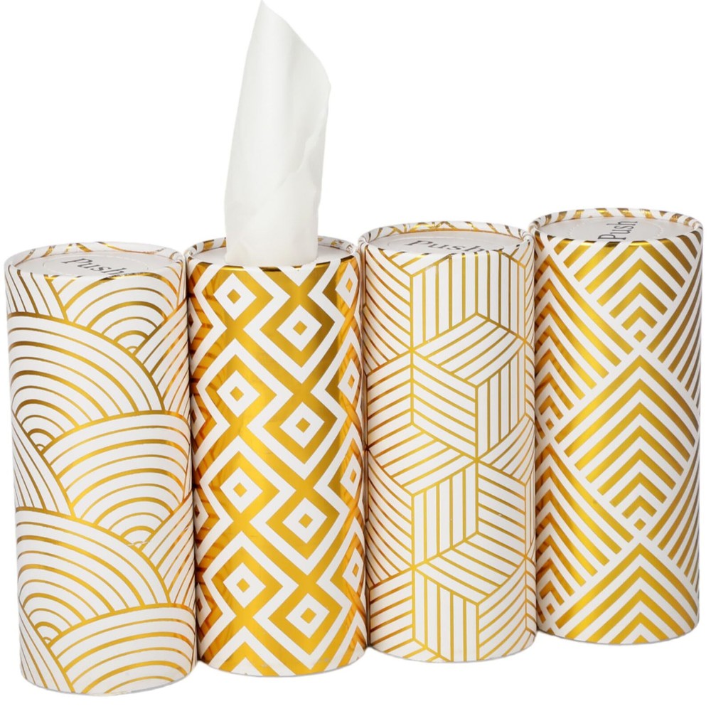 4 Pieces Cylinder Car Tissues Boxes with 3 Ply Tissues Bulk Gold Foil Round C...
