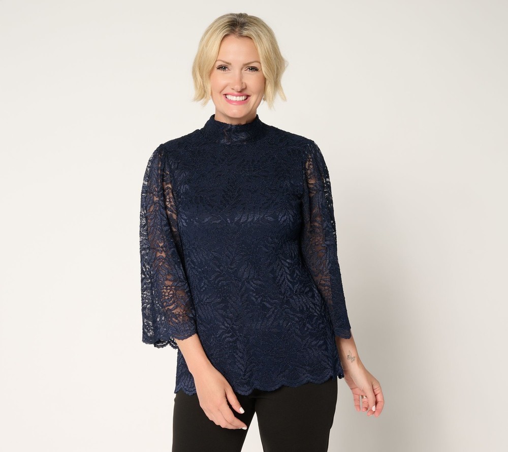 Susan Graver Women's Top Sz XL Occasions Lace Bell-Sleeve Blue A700419