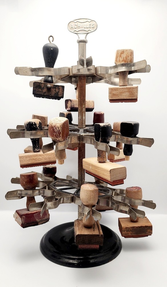 Vintage Achilles 3 Tier Office Rubber Stamp Holder Carousel Revolving Rack Indus-image