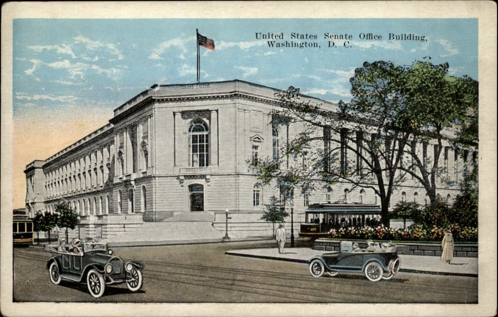 Senate Office Building ~ Washington DC ~ unused 1920s postcard ~ cars trolley