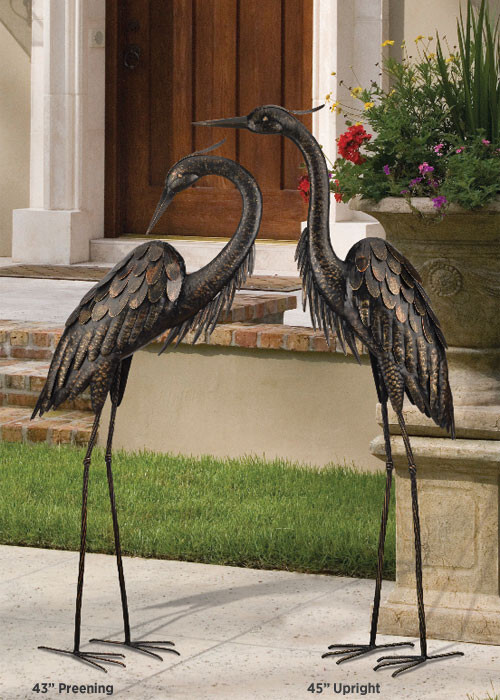 Bronze Heron Pair Coastal Metal Garden Statue Crane Bird Yard Art Sculpture 45