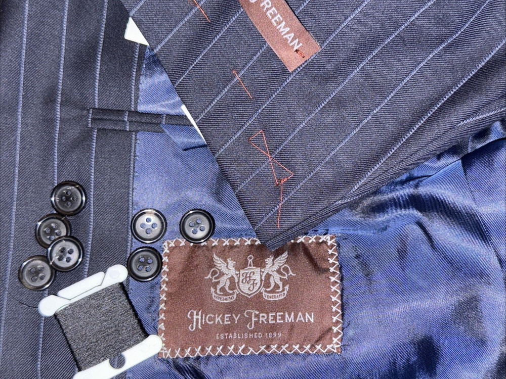 New Hickey Freeman Bentley suit jacket 44L  blue striped with FLAWS