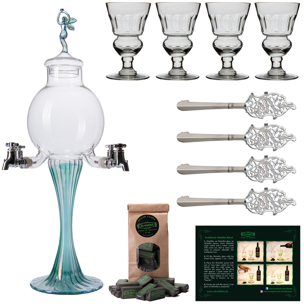 Absinthe Fountain Set Green Fairy | 4 Spouts | 4 Absinthe Glasses Spoons Sugar-image